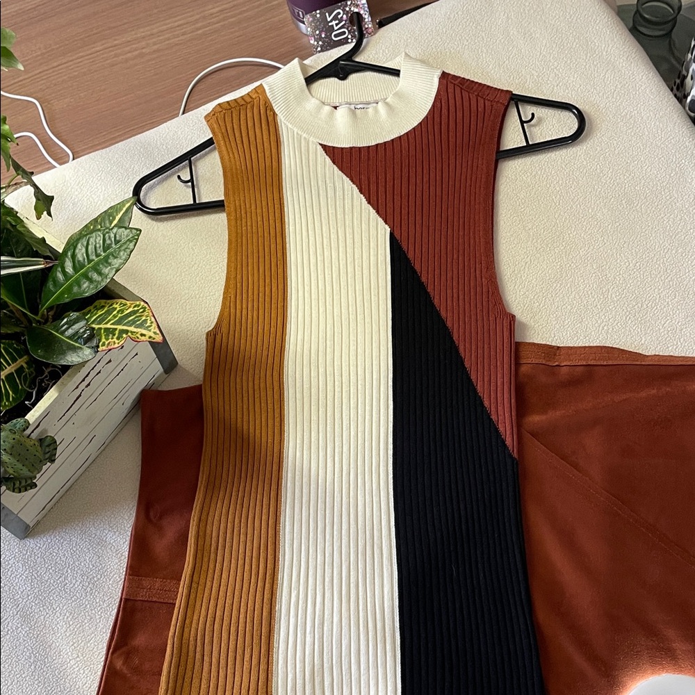 042-Bar III Colorblock Sleeveless Ribbed Tunic - Rust, Cream, Black